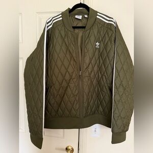 Adidas Green Quilted Bomber Jacket with White Stripes